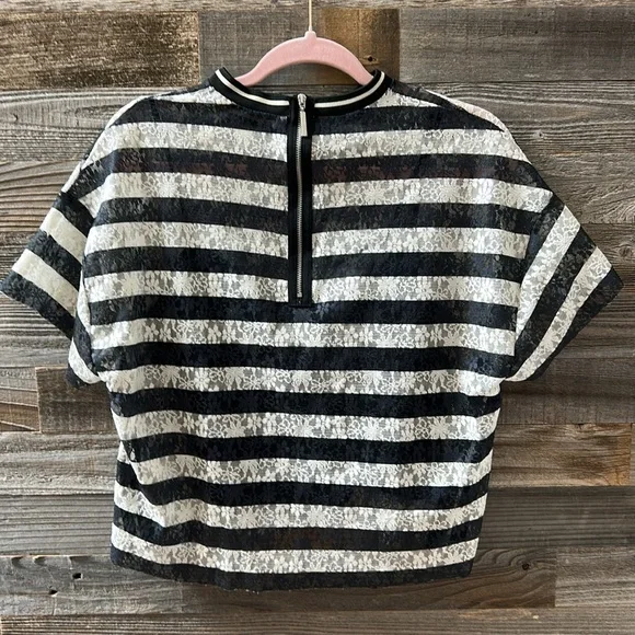 Zara Black and White Stripe Floral Lace Semi Sheer Top Size Small - Picture 5 of 8